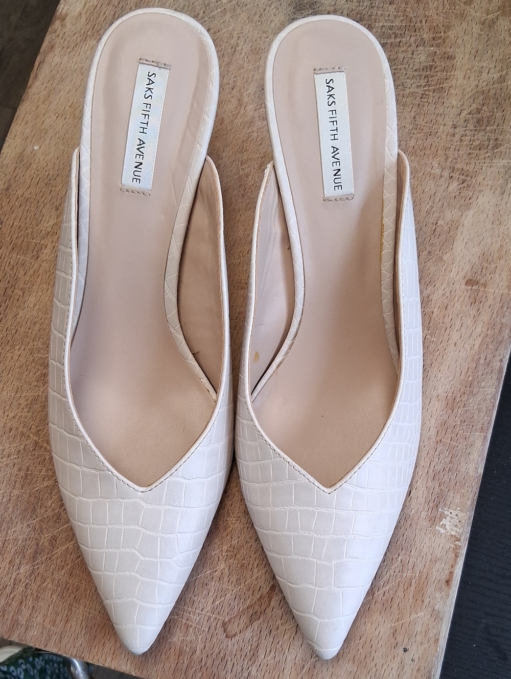 Saks Fifth Avenue Cream Croc Embossed Pointed-Toe Slip-On Mules